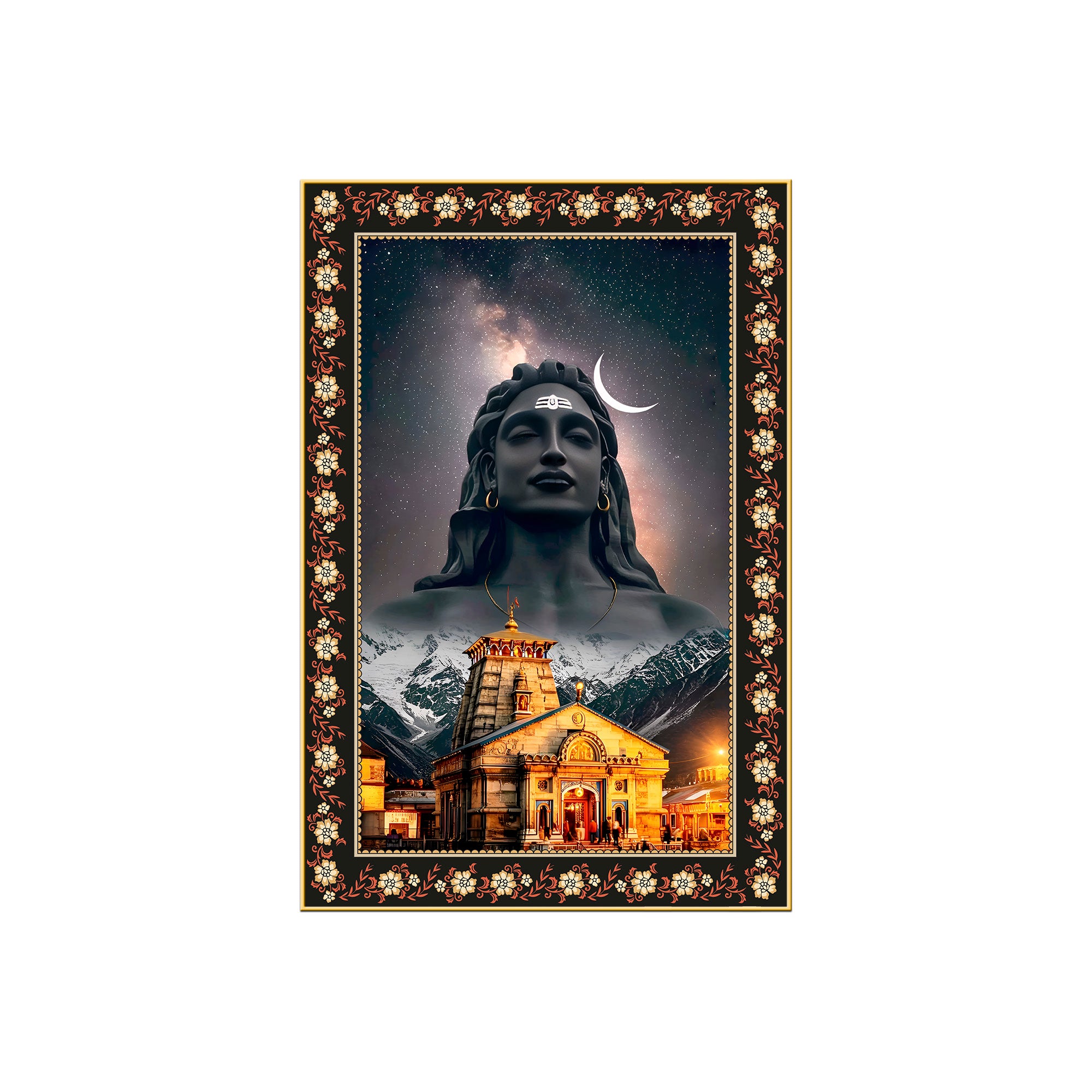 Lord Shiva in Kedarnath Temple Floral Border Vertical Wall Painting