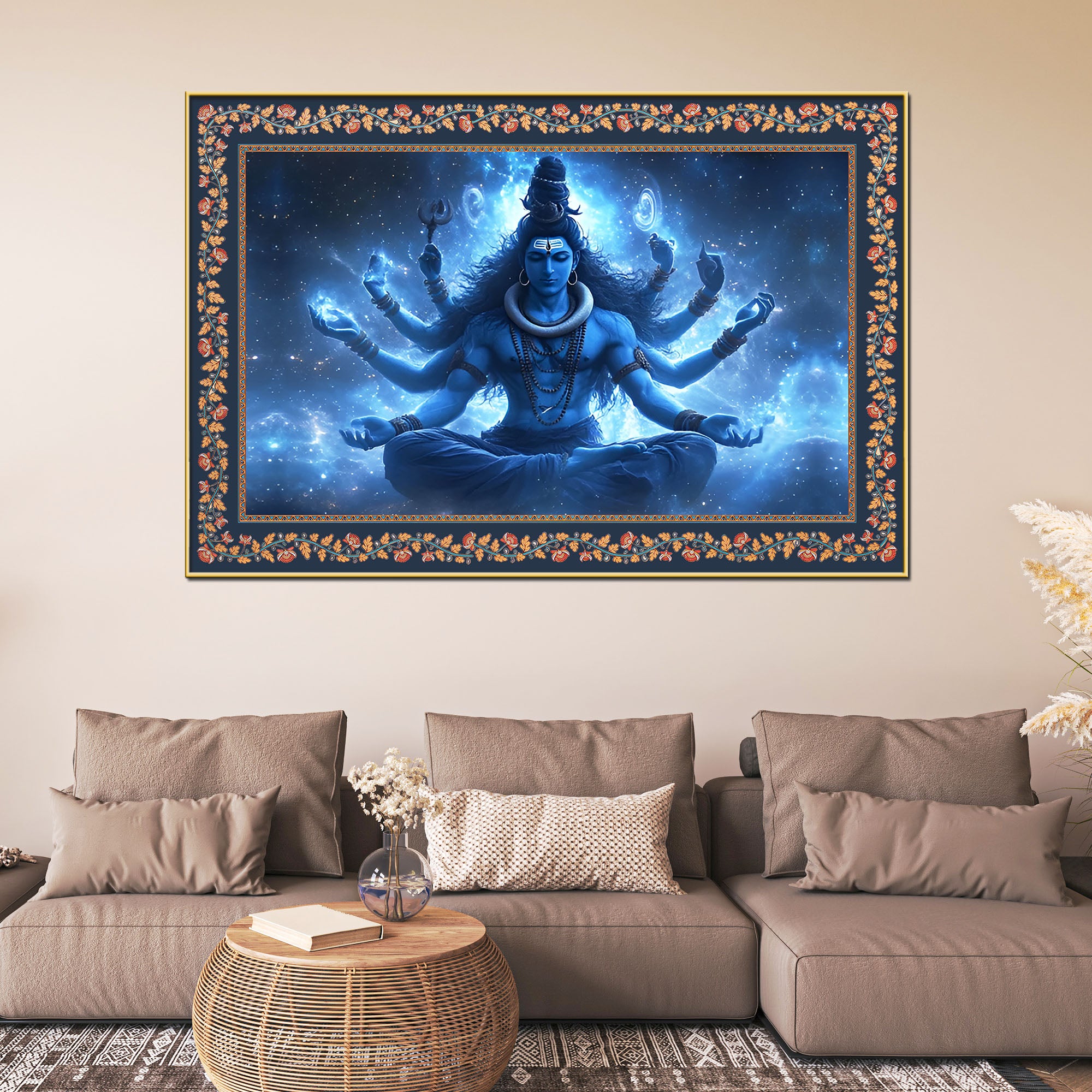 Lord Shiva New Creation and Renewal Floral Border Canvas Wall Painting
