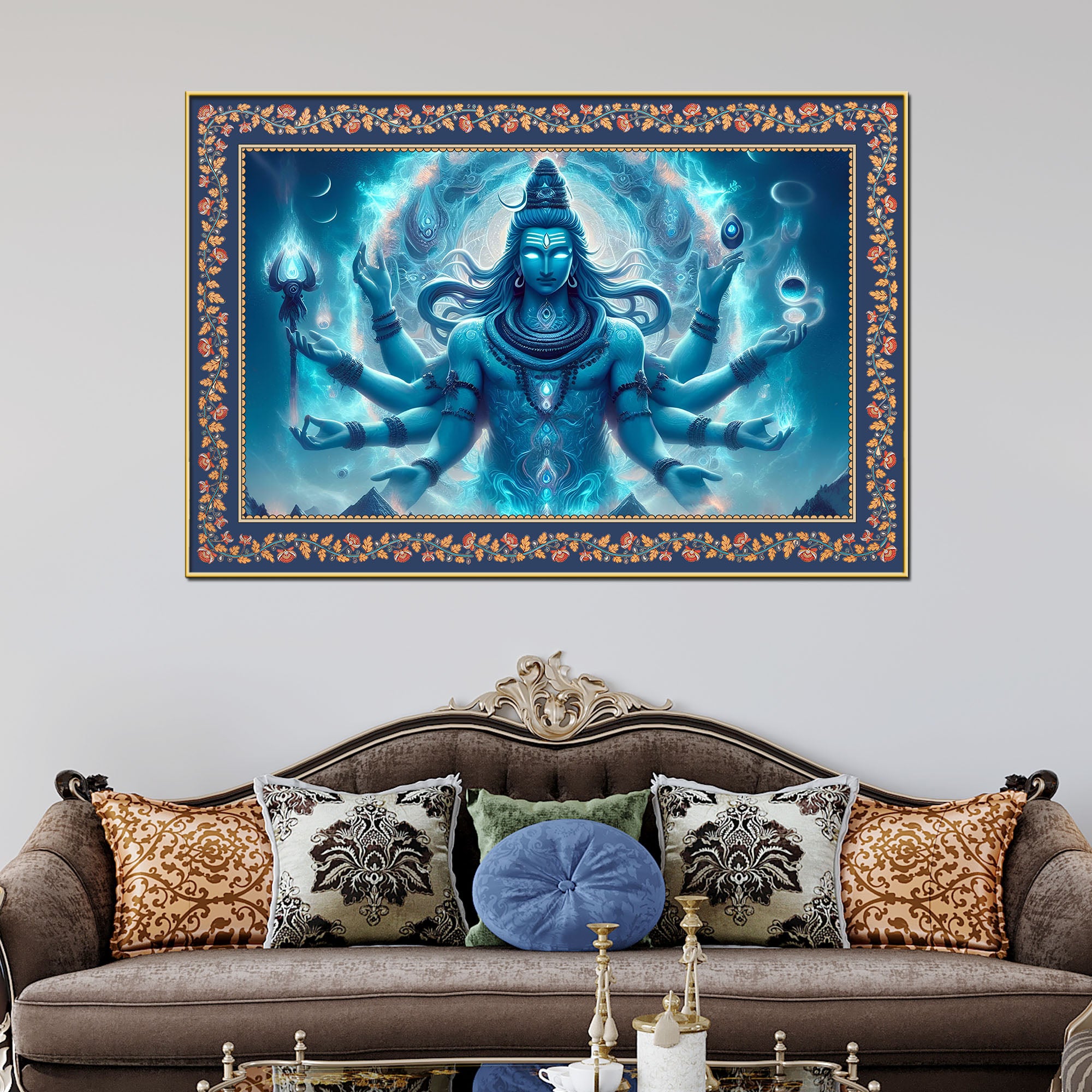 Lord Shiva Rudra Avatar Floral Border Canvas Wall Painting