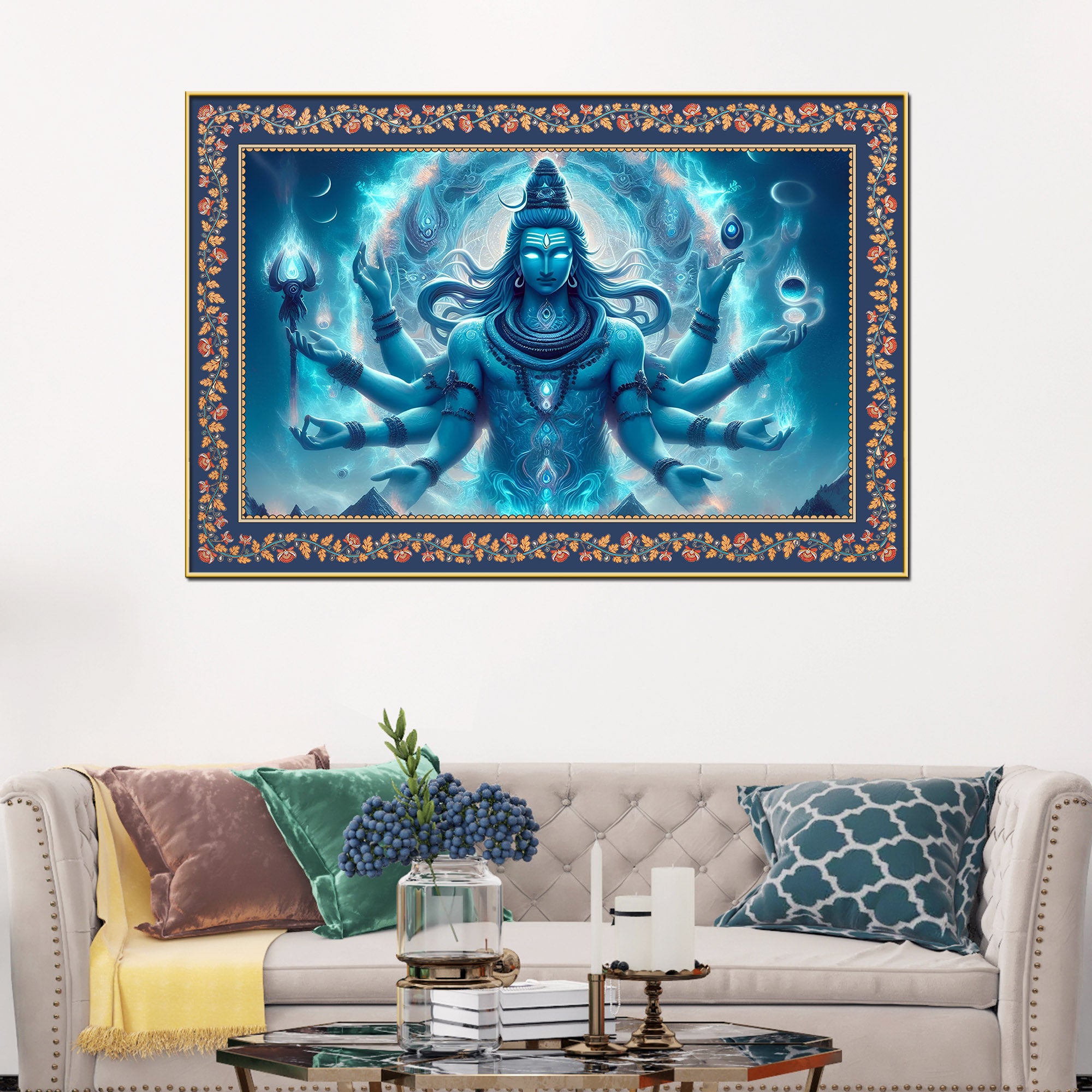 Lord Shiva Rudra Avatar Floral Border Canvas Wall Painting