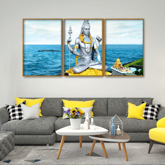 Lord Shiva Statue Floating Canvas Wall Painting Set of Three