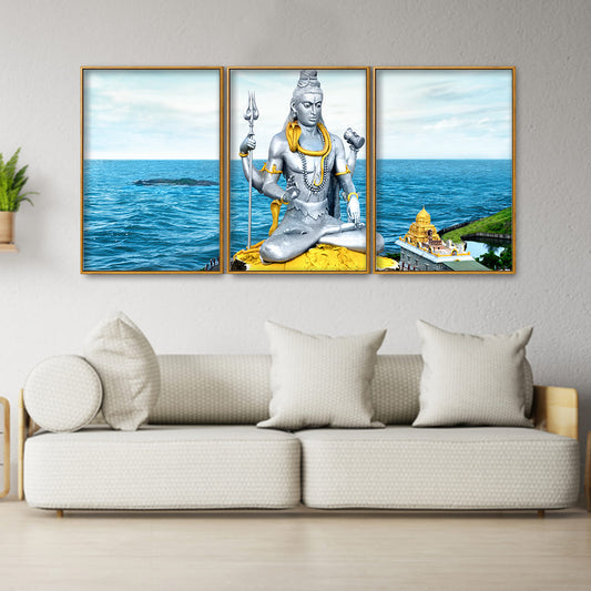 Lord Shiva Statue Floating Canvas Wall Painting Set of Three