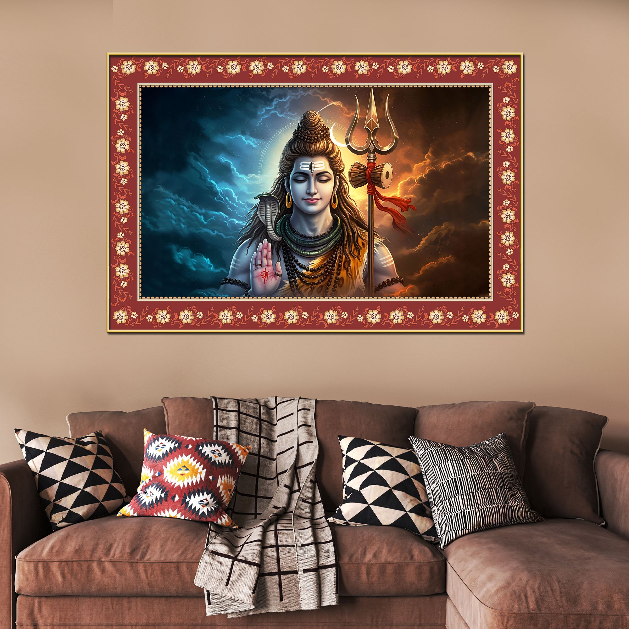 Lord Shiva with Holding Trishula Border Canvas Wall Painting