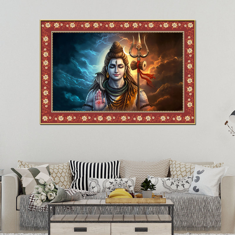 Lord Shiva with Holding Trishula Border Canvas Wall Painting