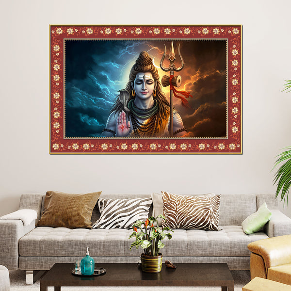 Lord Shiva with Holding Trishula Border Canvas Wall Painting