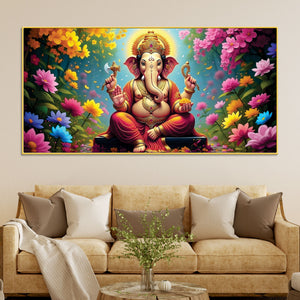 Lord Shree Ganesh with Colorful Flowers Premium Wall Art Canvas Painting for Home & Office Decor – Modern Devotional Wall Decor