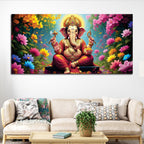 Lord Shree Ganesh with Colorful Flowers Premium Wall Art Canvas Painting for Home & Office Decor – Modern Devotional Wall Decor