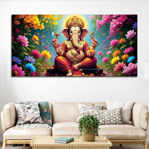 Lord Shree Ganesh with Colorful Flowers Premium Wall Art Canvas Painting for Home & Office Decor – Modern Devotional Wall Decor