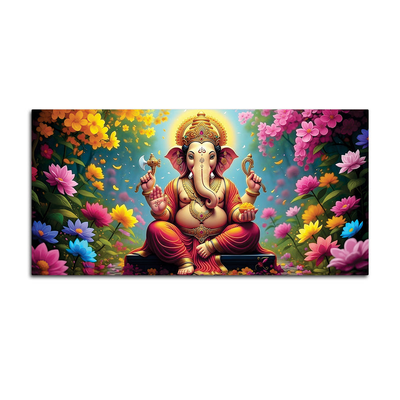 Lord Shree Ganesh with Colorful Flowers Premium Wall Art Canvas Painting for Home & Office Decor – Modern Devotional Wall Decor