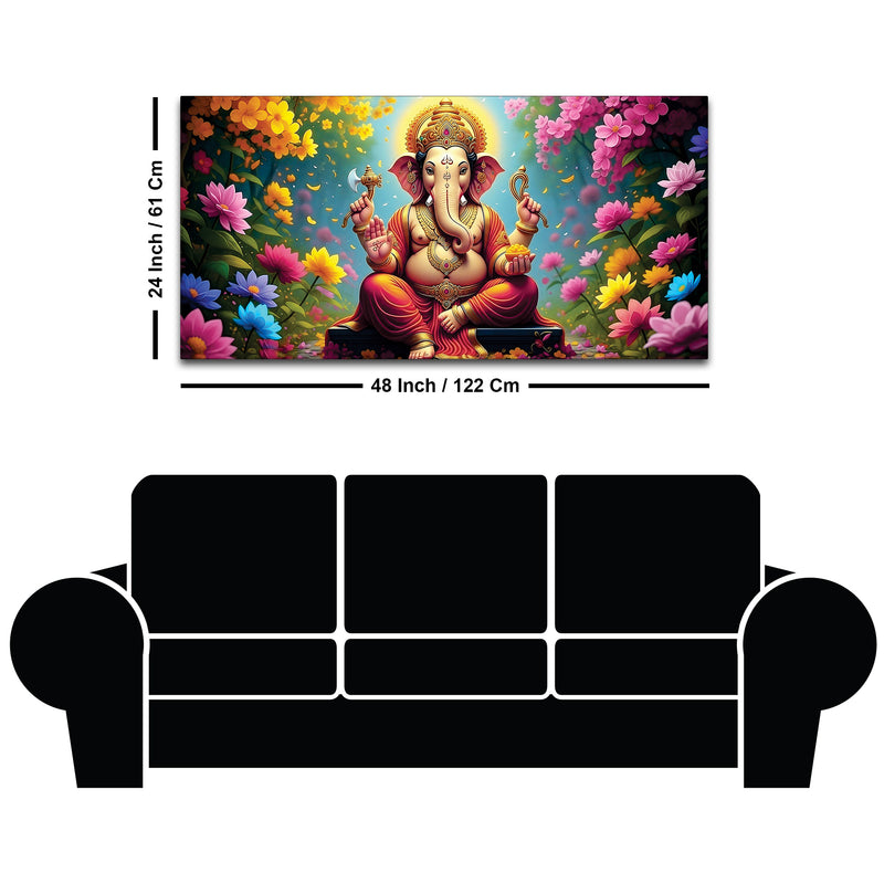 Lord Shree Ganesh with Colorful Flowers Premium Wall Art Canvas Painting for Home & Office Decor – Modern Devotional Wall Decor