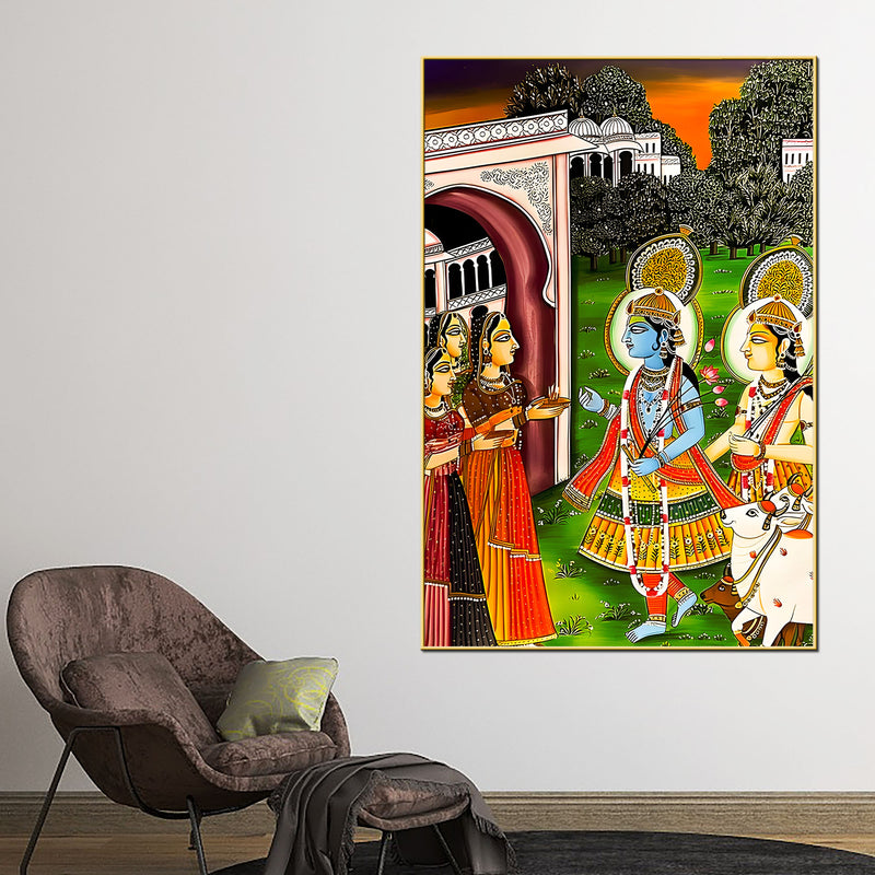 Lord Shree Krishna Balaram Darshan Palace Scene Canvas Wall Painting