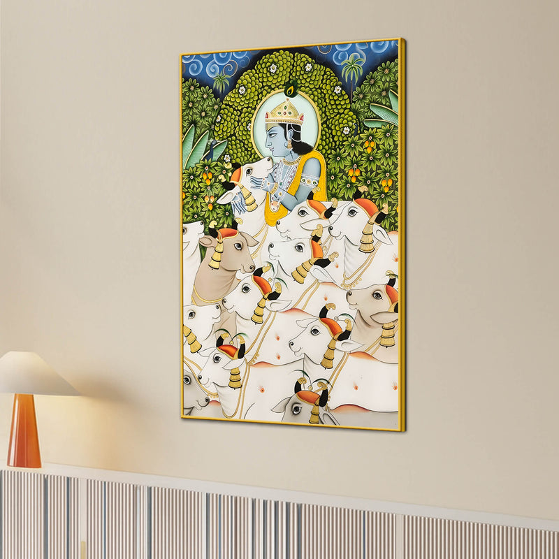 Lord Shree Krishna Gopala with Sacred Cows Canvas Wall Painting