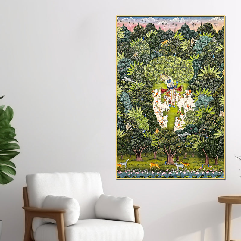 Lord Shreenathji Playing Flute with Gau Mata Canvas Wall Painting