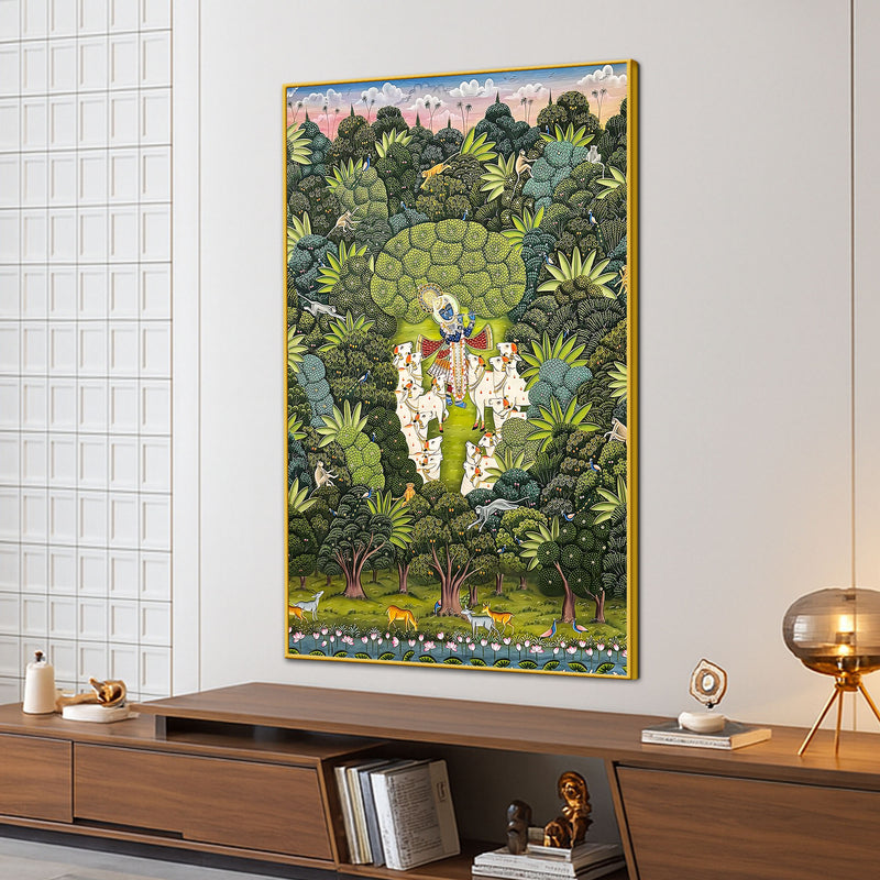 Lord Shreenathji Playing Flute with Gau Mata Canvas Wall Painting