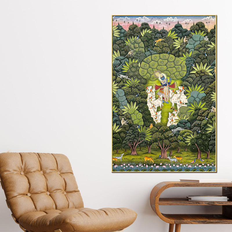 Lord Shreenathji Playing Flute with Gau Mata Canvas Wall Painting