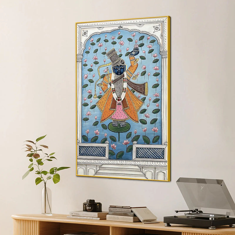 Lord Shreenathji Standing On Lotus Leaf In Lake Pichwai Canvas Wall Painting