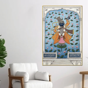 Lord Shreenathji Standing On Lotus Leaf In Lake Pichwai Canvas Wall Painting