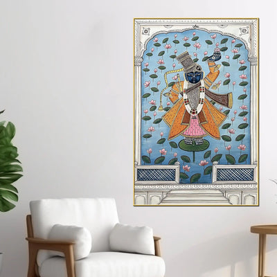 Lord Shreenathji Standing On Lotus Leaf In Lake Pichwai Canvas Wall Painting