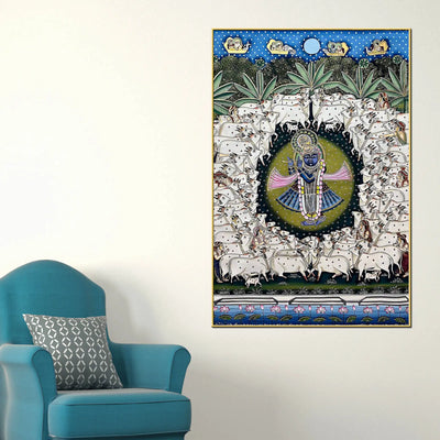 Lord Shreenathji Surrounded By Sacred Cows Pichwai Canvas Wall Painting