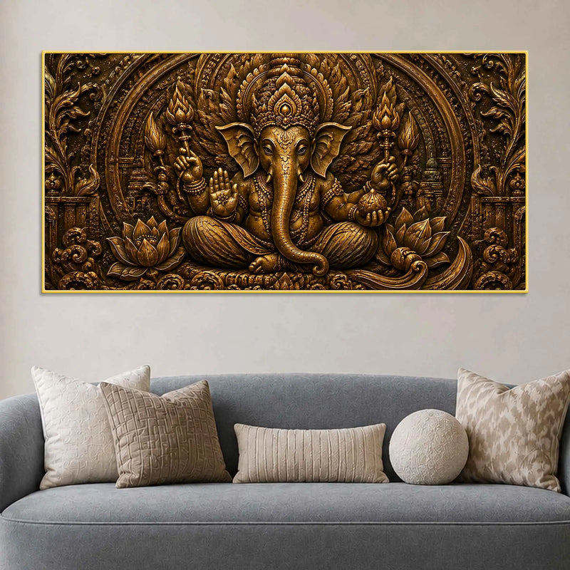 Lord Shri Ganesh Giving Divine Blessings Metallic Look 3D Canvas Wall Painting
