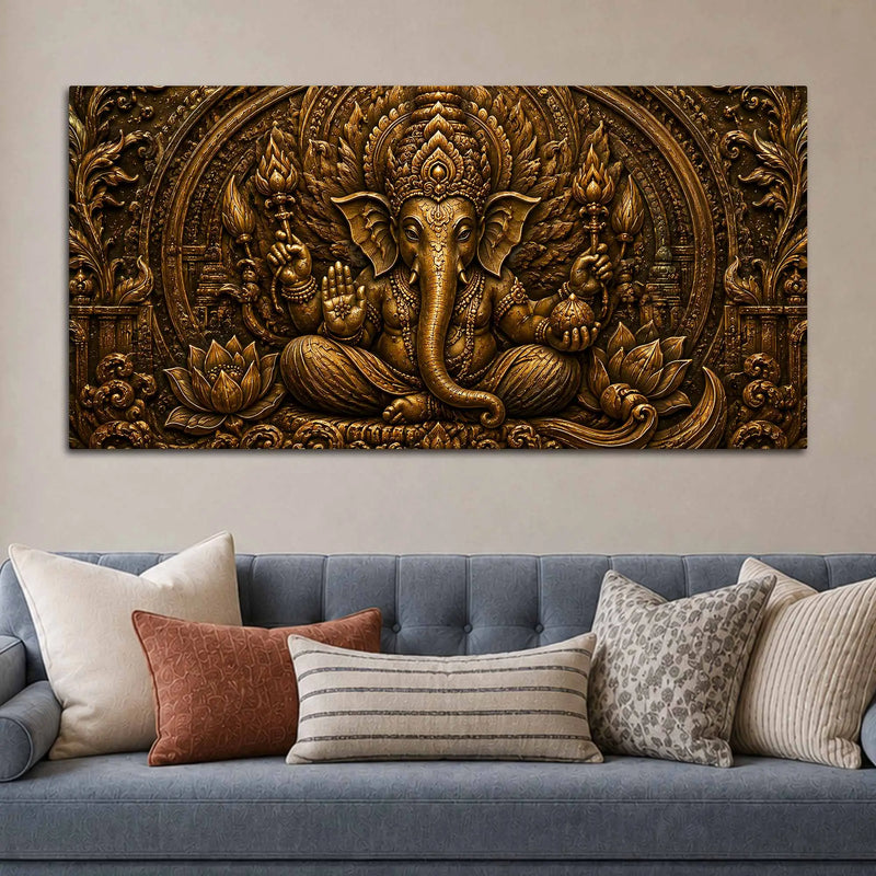 Lord Shri Ganesh Giving Divine Blessings Metallic Look 3D Canvas Wall Painting
