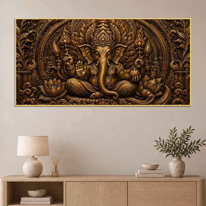 Lord Shri Ganesh Giving Divine Blessings Metallic Look 3D Canvas Wall Painting