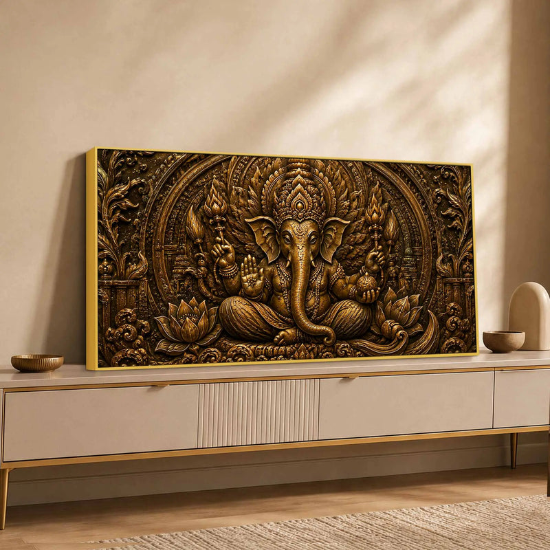 Lord Shri Ganesh Giving Divine Blessings Metallic Look 3D Canvas Wall Painting