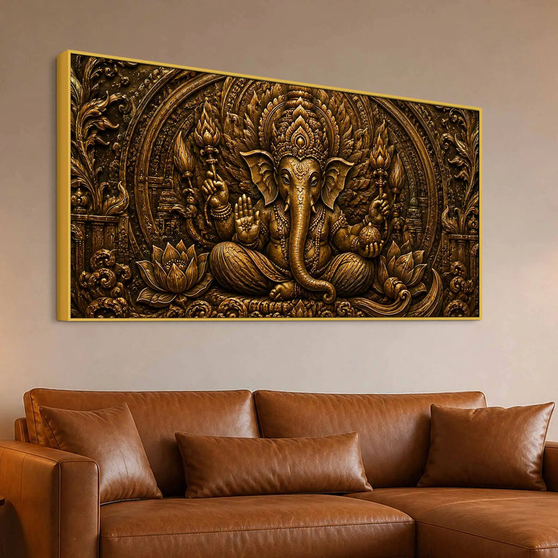 Lord Shri Ganesh Giving Divine Blessings Metallic Look 3D Canvas Wall Painting