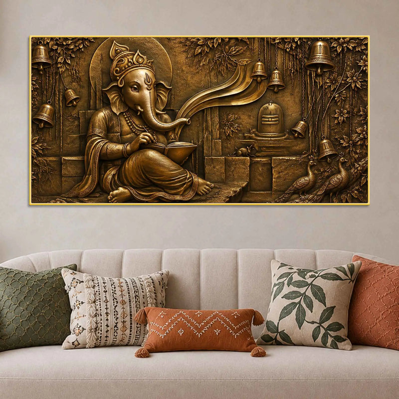 Lord Shri Ganesh with Shivling & Temple Bells Metallic Look 3D Canvas Wall Painting