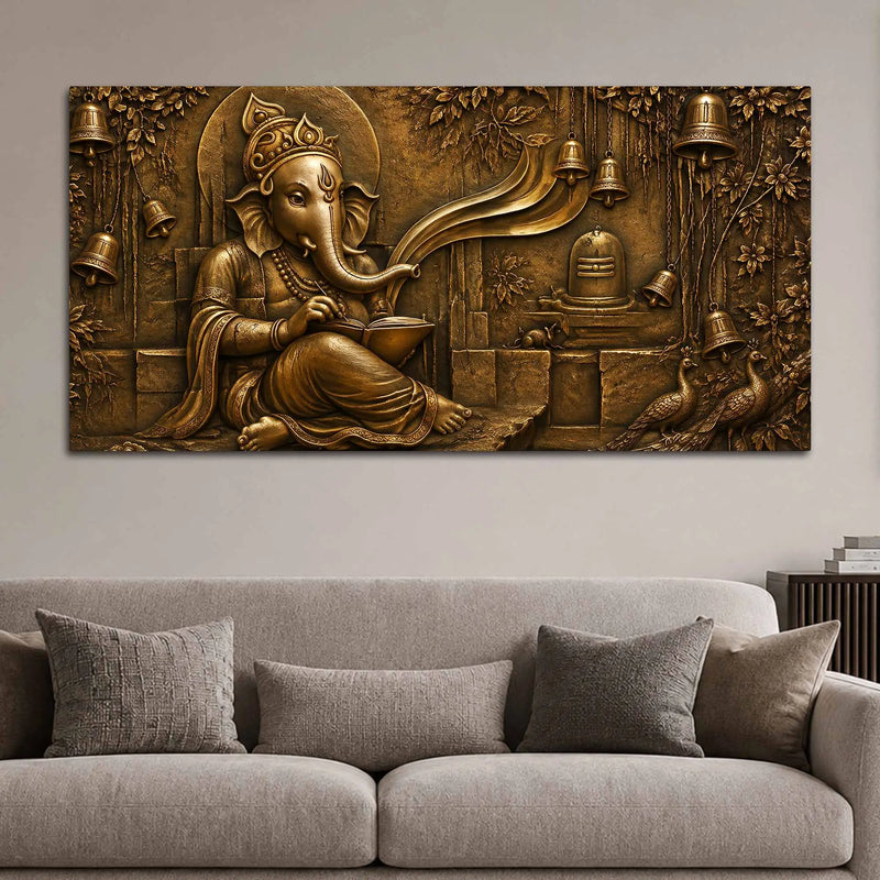 Lord Shri Ganesh with Shivling & Temple Bells Metallic Look 3D Canvas Wall Painting