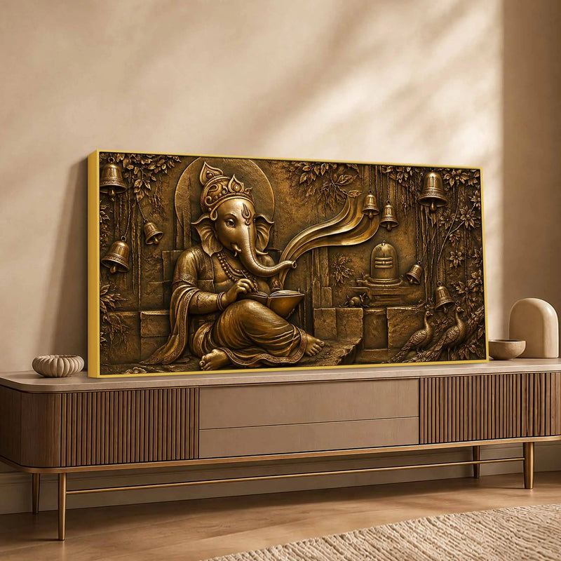 Lord Shri Ganesh with Shivling & Temple Bells Metallic Look 3D Canvas Wall Painting