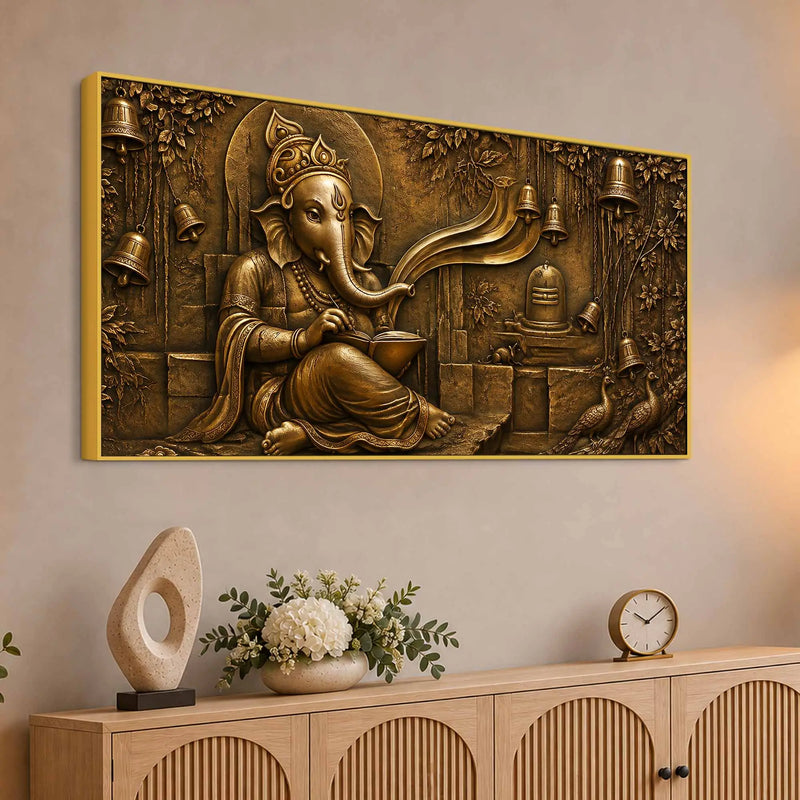 Lord Shri Ganesh with Shivling & Temple Bells Metallic Look 3D Canvas Wall Painting