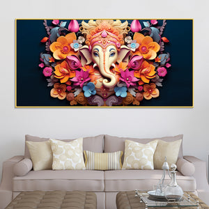 Lord Shri Ganesha in Colorful Floral Aura Premium Canvas Wall Art Spiritual Wall Painting for Home & Offices – Luxury Spiritual Decor