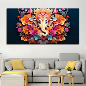 Lord Shri Ganesha in Colorful Floral Aura Premium Canvas Wall Art Spiritual Wall Painting for Home & Offices – Luxury Spiritual Decor
