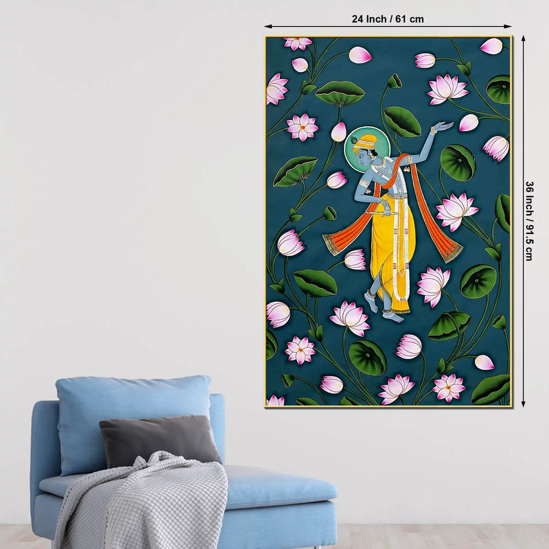Lord Shri Krishna Dancing Among Blooming Lotus Pichwai Canvas Wall Painting
