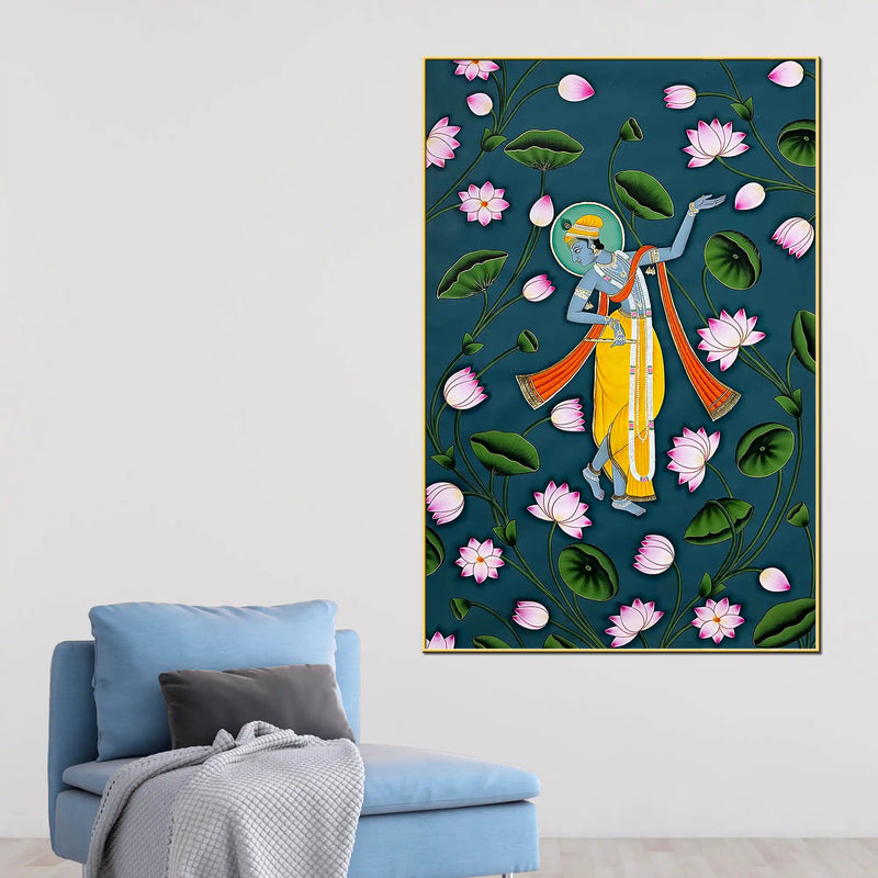 Lord Shri Krishna Dancing Among Blooming Lotus Pichwai Canvas Wall Painting
