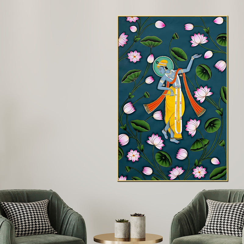 Lord Shri Krishna Dancing Among Blooming Lotus Pichwai Canvas Wall Painting