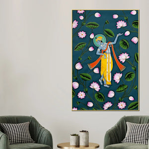 Lord Shri Krishna Dancing Among Blooming Lotus Pichwai Canvas Wall Painting