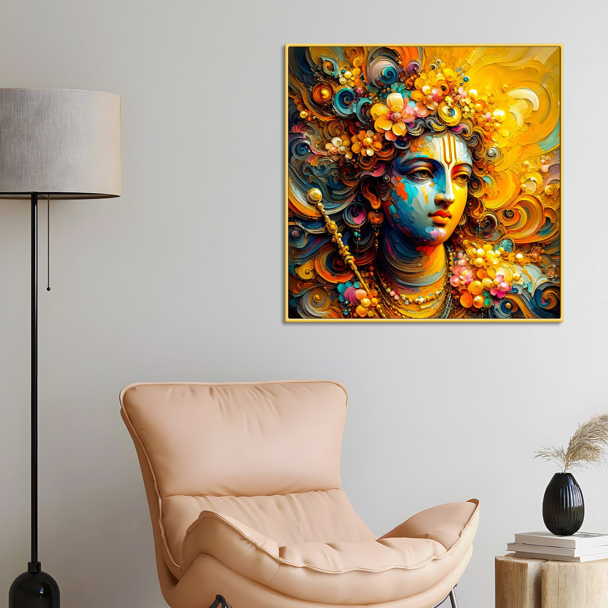 Lord Shri Krishna Face Floral Aura Canvas Wall Art Spiritual Wall Painting for Home & Offices