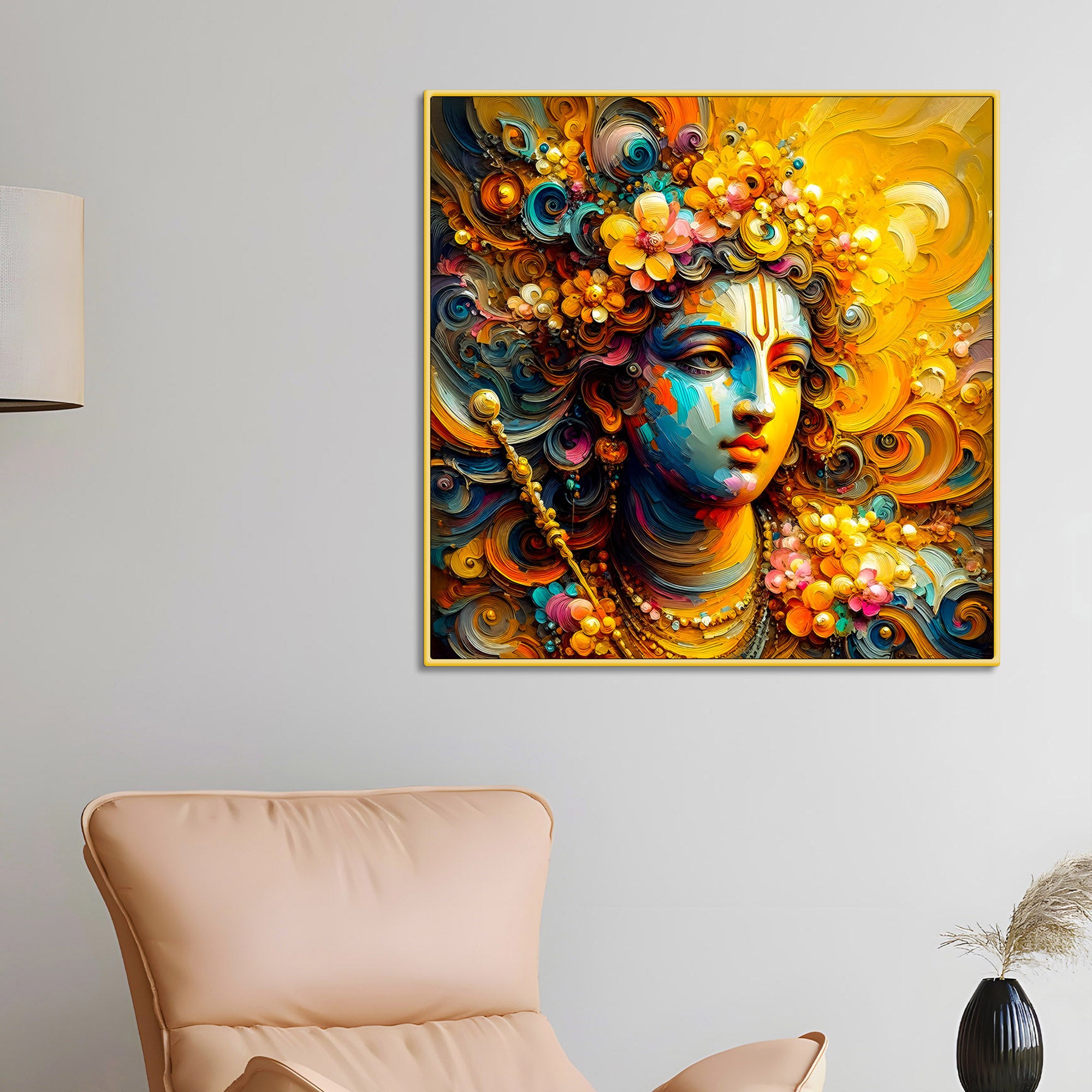 Lord Shri Krishna Face Floral Aura Canvas Wall Art Spiritual Wall Painting for Home & Offices