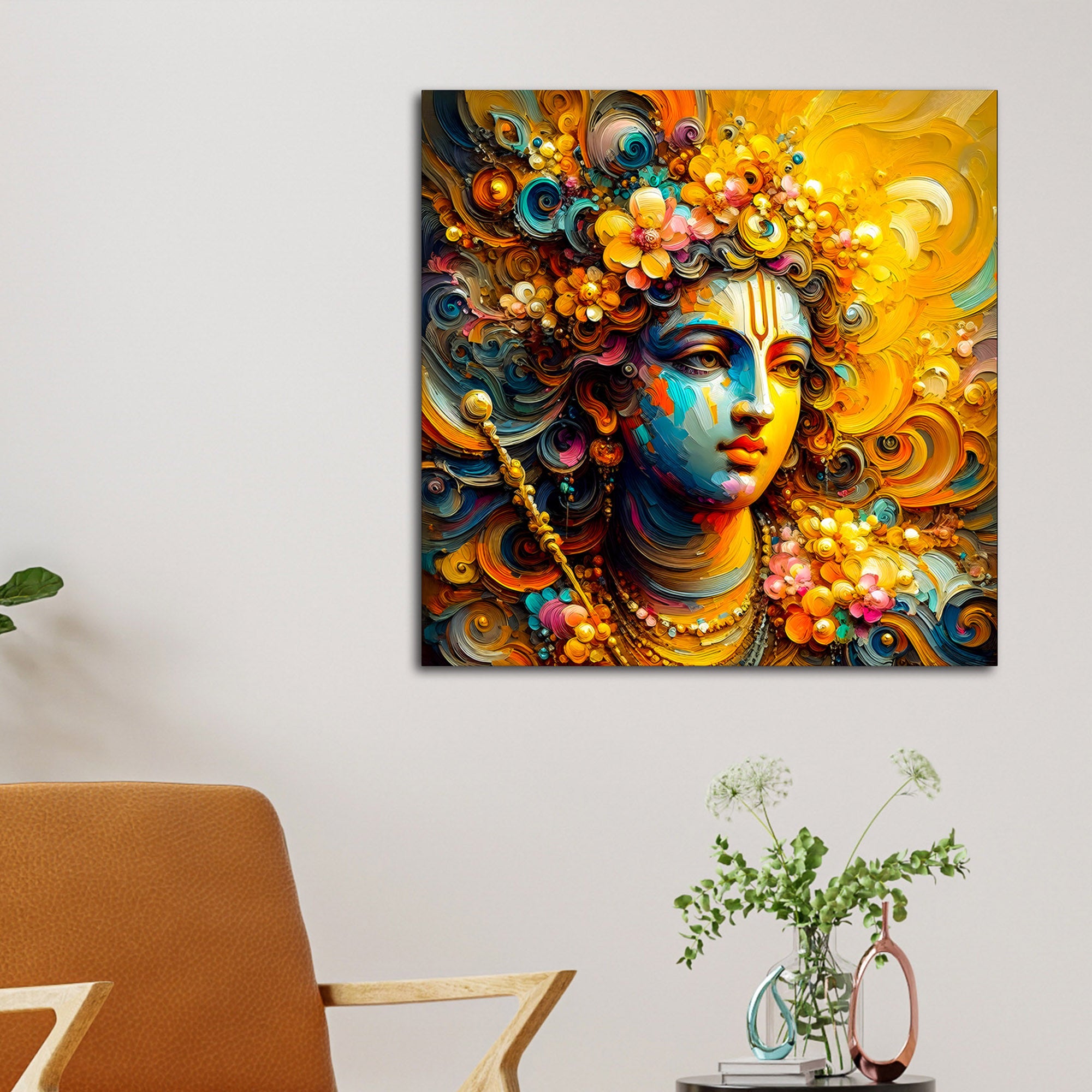 Lord Shri Krishna Face Floral Aura Canvas Wall Art Spiritual Wall Painting for Home & Offices