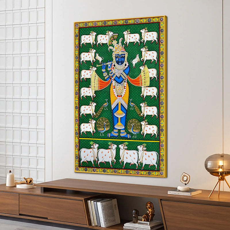 Lord Shri Krishna Gopal with Cows Pichwai Canvas Wall Painting