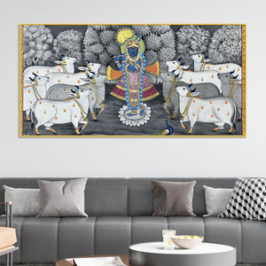 Lord Shri Krishna Govardhan Gopal with Sacred Cows Pichwai Canvas Wall Painting