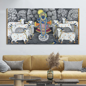 Lord Shri Krishna Govardhan Gopal with Sacred Cows Pichwai Canvas Wall Painting