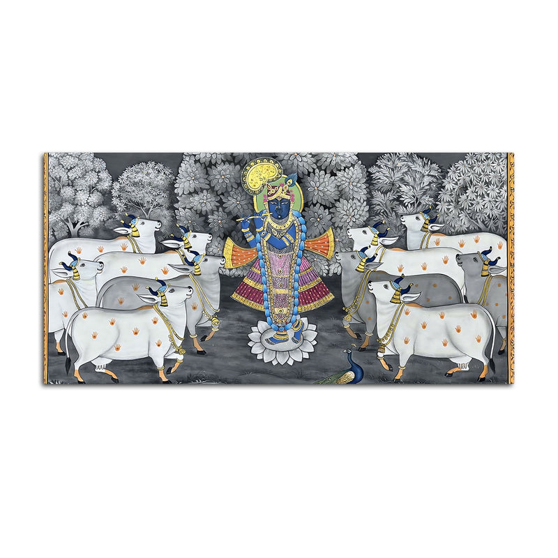 Lord Shri Krishna Govardhan Gopal with Sacred Cows Pichwai Canvas Wall Painting