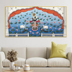 Lord Shri Krishna In Lotus Lake Pichwai Canvas Wall Painting for Home Decor