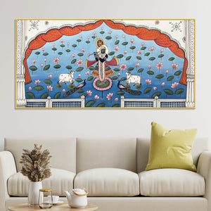Lord Shri Krishna In Lotus Lake Pichwai Canvas Wall Painting for Home Decor