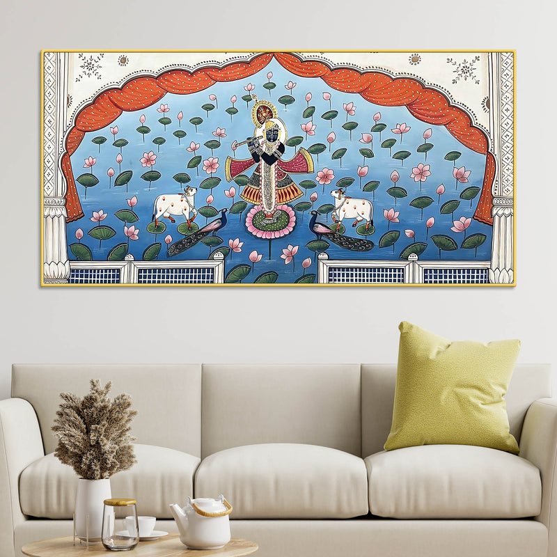 Lord Shri Krishna In Lotus Lake Pichwai Canvas Wall Painting for Home Decor