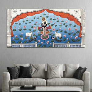 Lord Shri Krishna In Lotus Lake Pichwai Canvas Wall Painting for Home Decor