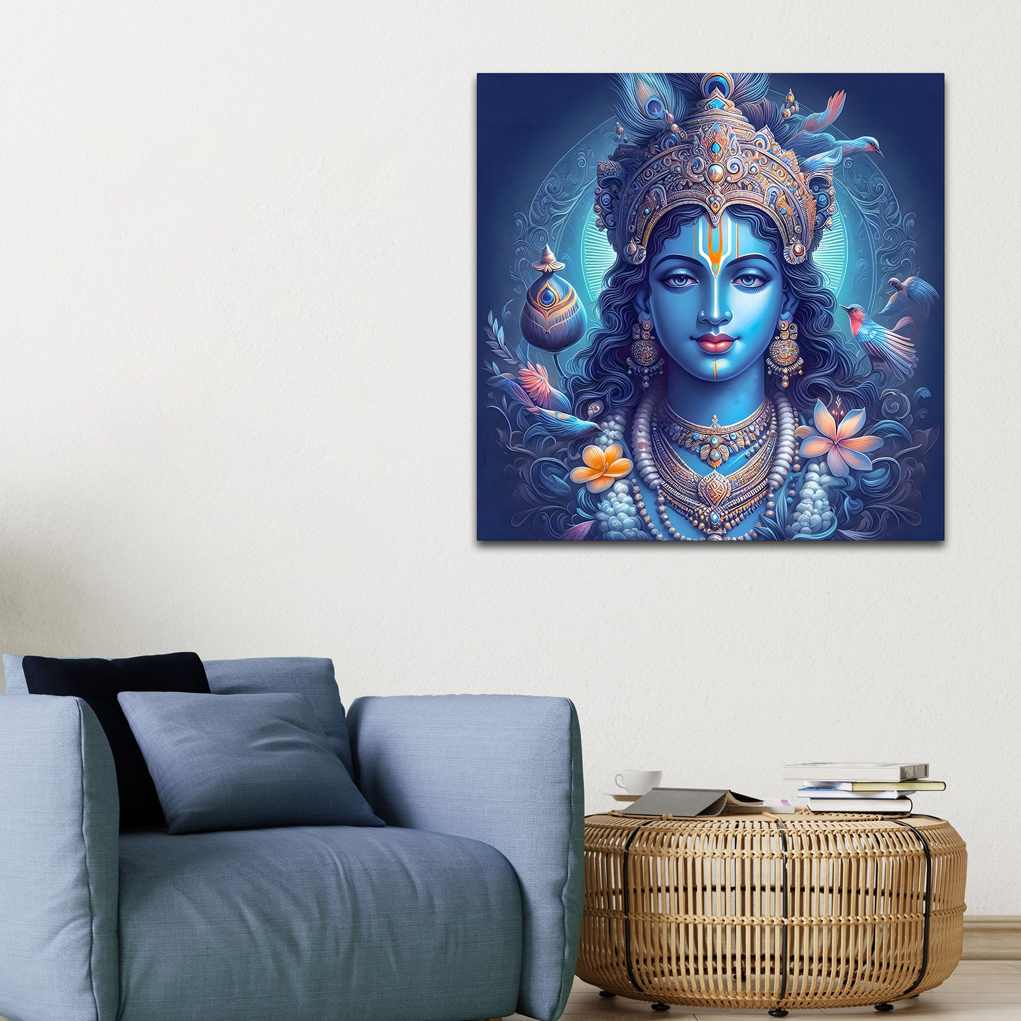 Lord Shri Krishna Mystical Blue Portrait Art – Modern Spiritual Canvas Wall Painting